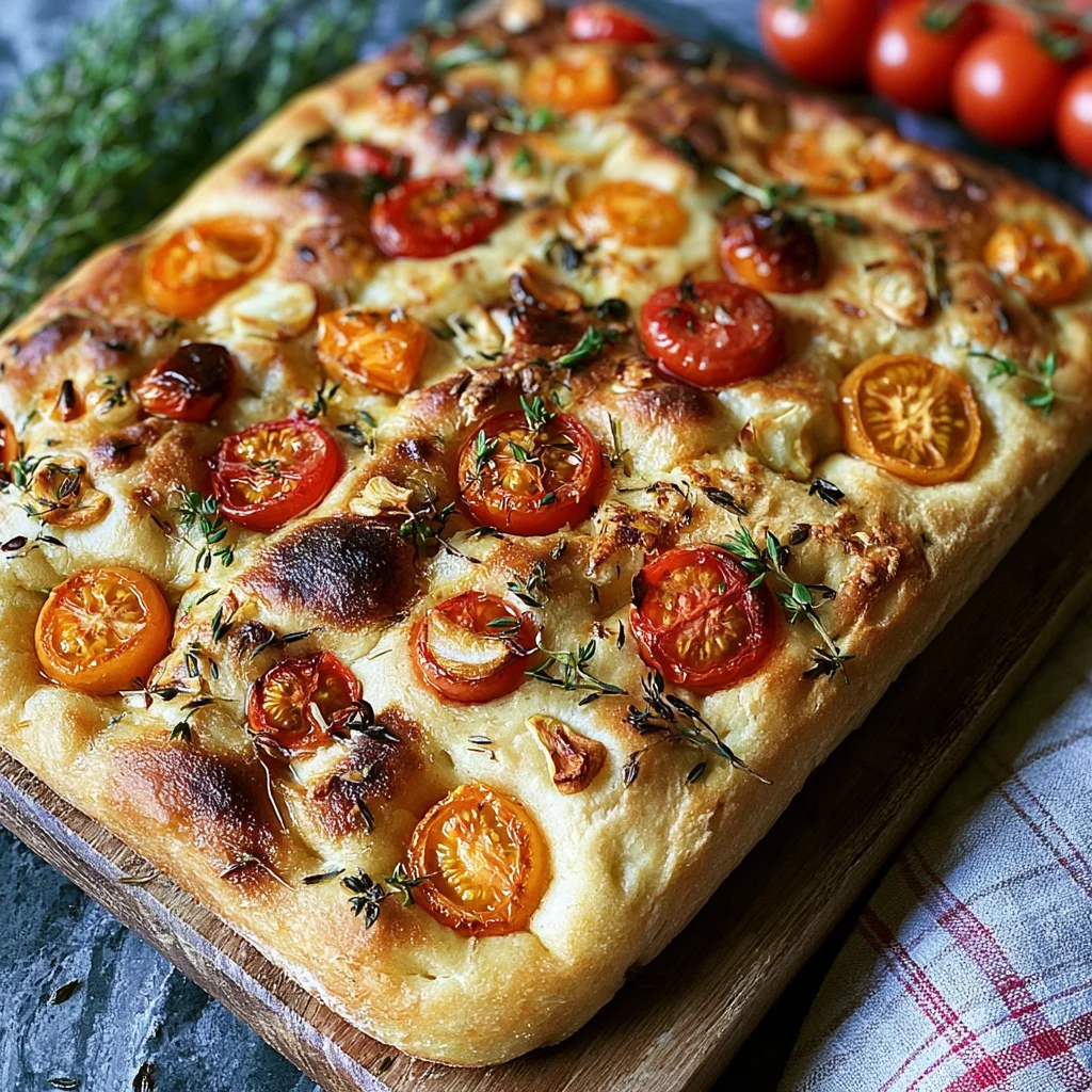 Köstliche Focaccia mit Tomaten, Knoblauch und Thymian – einfaches Rezept für Genießer!