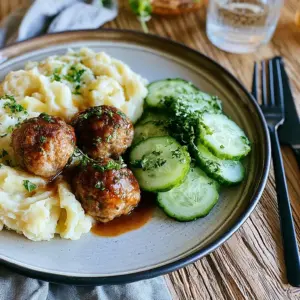 Saftige Fleischbällchen mit Gurkensalat und Kartoffelstampf: Das perfekte Rezept für dein Abendessen!